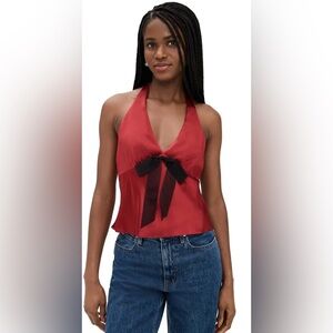 Reformation Clarissa Silk Halter Top Sangre Red Black Bow Open Back Size 8